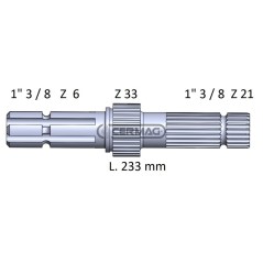 Arbre PDF pour JD, longueur 233 mm, profil 1"3/8-Z.6 - 1"3/8-Z.21, référence 32041, fabriqué en Italie