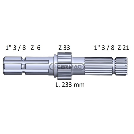 PDF-Welle für JD, Länge 233 mm, Profil 1" 3/8"-Z.6 - 1" 3/8"-Z.21, 32041, Hergestellt in Italien