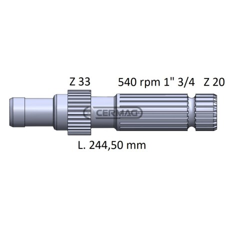 Arbre PDF pour JD, longueur 244 mm, profil 1"3/4-Z.20 32042, fabriqué en Italie