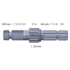 Arbre PDF pour JD, longueur 233 mm, profil 1"3/8-Z.6 - 1"3/8-Z.21, référence 32043, fabriqué en Italie