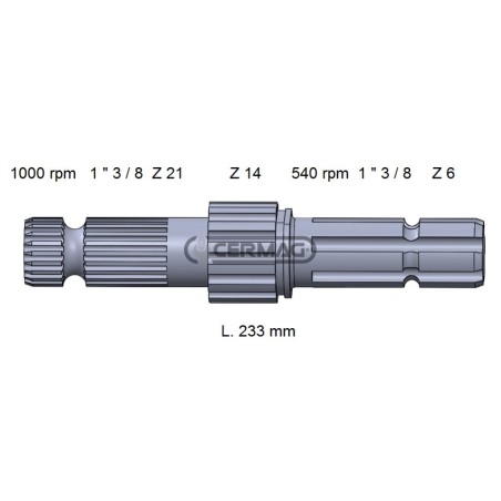 Arbre PDF pour JD, longueur 233 mm, profil 1"3/8-Z.6 - 1"3/8-Z.21, référence 32043, fabriqué en Italie