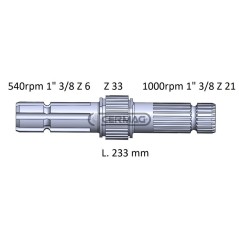 PDF-Welle für JD, Länge 233 mm, Profil 1" 3/8"-Z.6 - 1" 3/8"-Z.21, 32044, Hergestellt in Italien