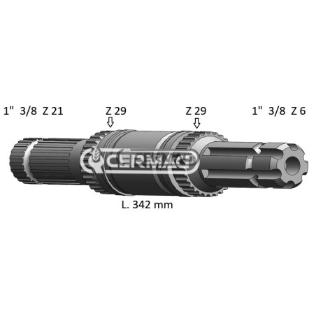 Arbre PDF pour JD, longueur 342 mm, profil 1"3/8-Z.6 - 1"3/8-Z.21, référence 32070, fabriqué en Italie