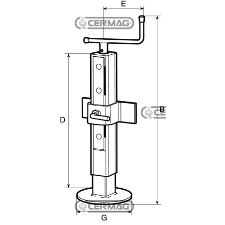 Pie de apoyo con fijación ajustable. Capacidad de carga estática: 600 kg. Modelo 62032. Fabricado en Italia.