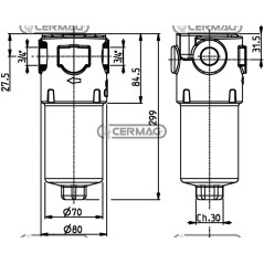 Filtro en línea para dispensadores eléctricos con indicador visual de obstrucción. Rosca de gas de 3/4". 84088 Ikron