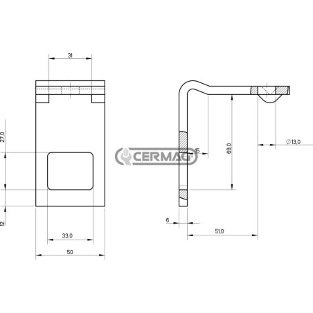Soporte de doble hoja para muelles y refuerzo. Dimensiones: 50 x 6 mm. Marco: 50 x 50 mm. 57149 BIANCHI