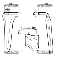 Diente de rastra rotativa, lado izquierdo plano, 100x15 mm, 56517 | NewgardenAgri.com