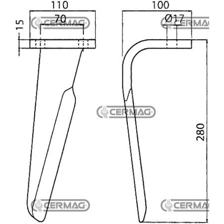 Púa de rastra rotativa - GRANDE Lado derecho plano 110x15 mm 57189 | NewgardenAgri.com