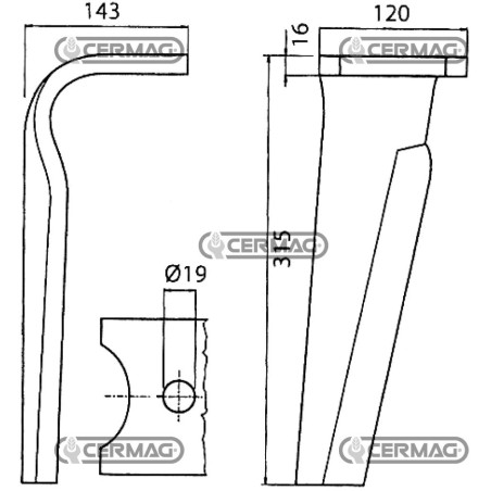 Diente de rastra rotativa - Acoplamiento rápido, lado derecho plano 120x16 mm 57204 | NewgardenAgri.com