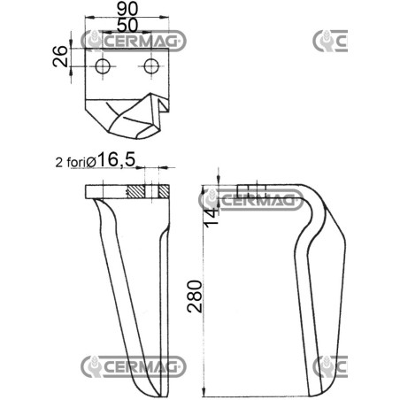 Tooth for rotary harrows - DC NT heavy Left side Flat 90x14 mm 57491 Original Maschio - Gaspardo