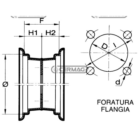 Cerchione saldato centrale a doppia flangiatura Misura 5.00x8 Mozzo Flangia a 4 fori BALILLA 40203