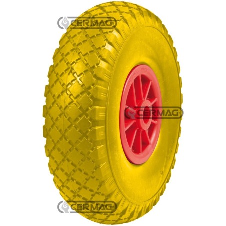 Ruota piena in poliuretano gialla Misura 3.00-4 Mozzo 20x75 mm - Gabbia a rulli 40535 | NewgardenAgri.com