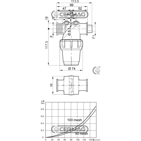 Filtro in linea con attacco filettato girevole Attacco 1/2" Gas Tipo rete Inox 50 Mesh 28236 ARAG