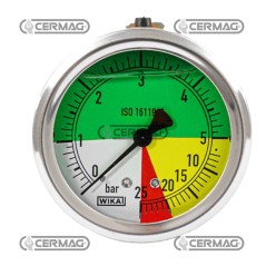 Manomètre à glycérine ISO avec valve Ø 63 mm, raccord arrière 1/4", échelle à gaz 0 à 5/25 bar, référence Wika 26736 | Newgar...
