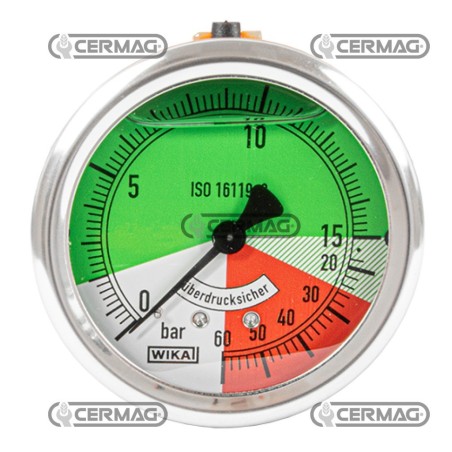 ISO-Glycerin-Manometer mit Ventil Ø 63 mm, rückseitiger Anschluss 1/4" Gas, Skala 0–15/60 bar, 26737 Wika | NewgardenAgri.com