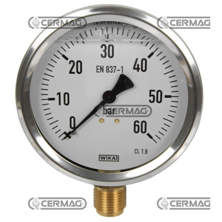 Manomètre à glycérine Ø 100 mm Raccord vertical 1/2" Échelle gaz 0÷60 bar 26360 Wika | NewgardenAgri.com