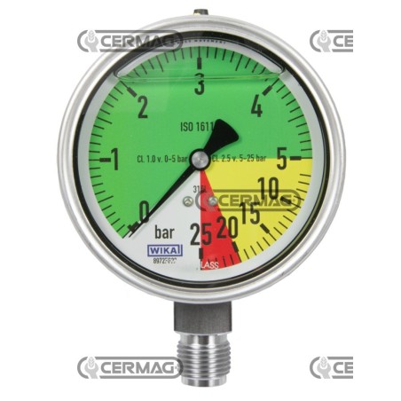 Isodiametric glycerine pressure gauge Ø 100 mm Vertical connection 1/2" Gas Scale 0÷5/25 Bar 26723 Wika | NewgardenAgri.com