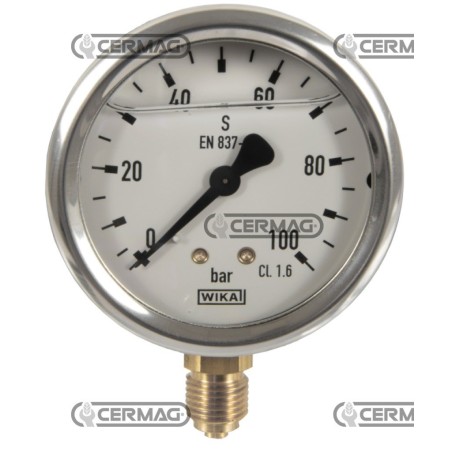 Manomètre à glycérine Ø 63 mm Raccord vertical 1/4" Échelle gaz 0÷100 bar 26735 Wika | NewgardenAgri.com