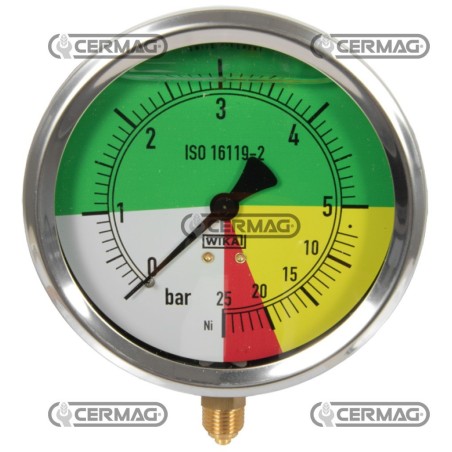 Manomètre isodiamétrique à glycérine Ø 100 mm Raccord vertical 1/4" Échelle gaz 0÷5/25 bar 26738 Wika | NewgardenAgri.com