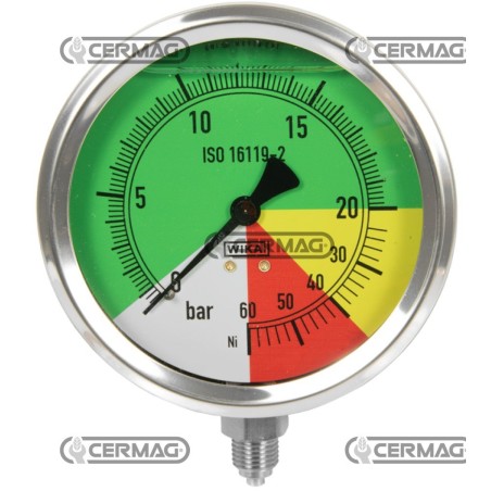 Isodiametrisches Glycerin-Manometer Ø 100 mm Vertikaler Anschluss 1/4" Gasskala 0–20/60 bar 26739 Wika | NewgardenAgri.com