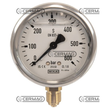 Manomètre à glycérine Ø 63 mm Raccord vertical 1/4" Échelle gaz 0÷600 bar 27364 Wika | NewgardenAgri.com