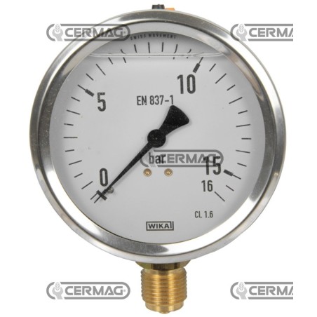 Glycerin pressure gauge Ø 100 mm Vertical connection 1/2" Gas Scale 0÷16 Bar 27621 Wika | NewgardenAgri.com