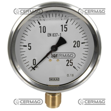 Glycerin pressure gauge Ø 100 mm Vertical connection 1/2" Gas Scale 0÷25 Bar 27622 Wika | NewgardenAgri.com