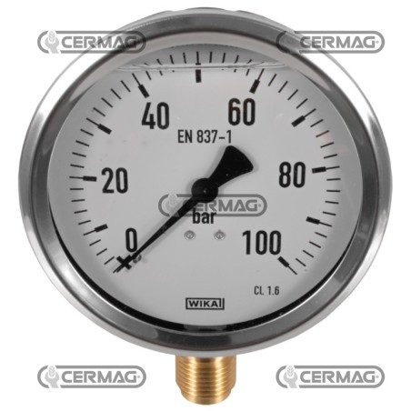 Manomètre à glycérine Ø 100 mm Raccord vertical 1/2" Échelle gaz 0÷100 bar 27623 Wika | NewgardenAgri.com