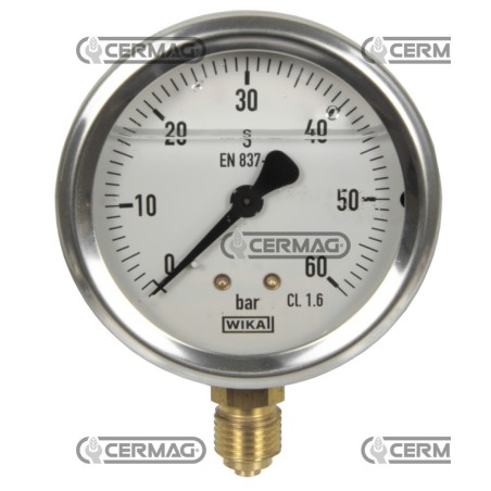 Glycerin-Manometer mit 1-bar-Teilung, Ø 63 mm, vertikaler Anschluss 1/4" Gas, Skala 0–60 bar, 27630 Wika | NewgardenAgri.com
