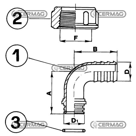 Raccordo portagomma 90° con girello Filetto Girello - 1"1/2 Gas Diametro 30 mm 25150 ARAG