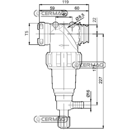 Selbstreinigender Inline-Filter, T5-Anschluss, Edelstahlgewebe 50 Mesh – 150–160 l/min, 28119 ARAG