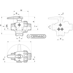 3-Way Continuous Flow Ball Valve with Fork Connection Fork Connection T6 28227 ARAG