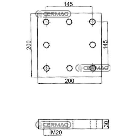 Placa de soldadura. Dimensiones: 200x200x30 mm. Agujeros: 8xM20. Modelo: 65590. | NewgardenAgri.com
