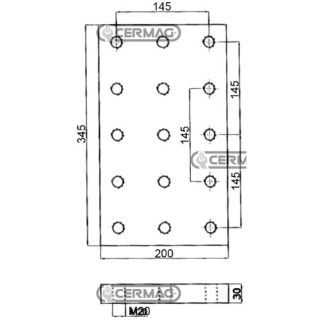 Placa de soldadura. Dimensiones: 200 x 345 x 30 mm. Agujeros: 15 x M20. Número de pieza: 65591. | NewgardenAgri.com