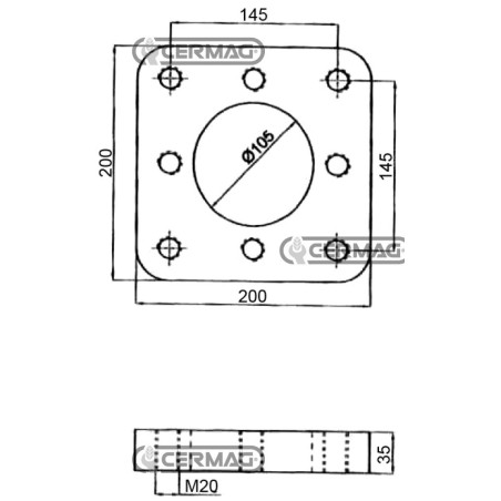 Placa de soldadura. Dimensiones: 200x200x35 mm. Agujeros: 8xM20. Número de pieza: 65592. | NewgardenAgri.com