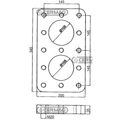 Placa de soldadura. Dimensiones: 200 x 345 x 35 mm. Agujeros: 13 x M20. Número de serie: 65593. | NewgardenAgri.com