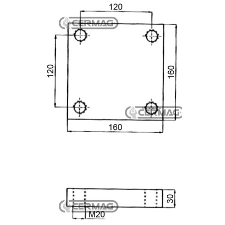 Placa de soldadura. Dimensiones: 160x160x30 mm. Agujeros: 4xM20. Número de serie: 65594. | NewgardenAgri.com