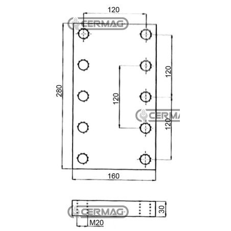 Placa de soldadura. Dimensiones: 160 x 280 x 30 mm. Agujeros: 10 x M20. Número de serie: 65595. | NewgardenAgri.com
