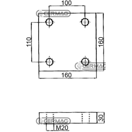 Placa de soldadura. Tamaño: 160x160x30 mm. Agujeros: 4xM20. 65605 | NewgardenAgri.com