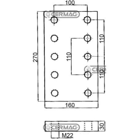 Placa de soldadura. Dimensiones: 160 x 270 x 30 mm. Agujeros: 10 x M22. 65608 | NewgardenAgri.com
