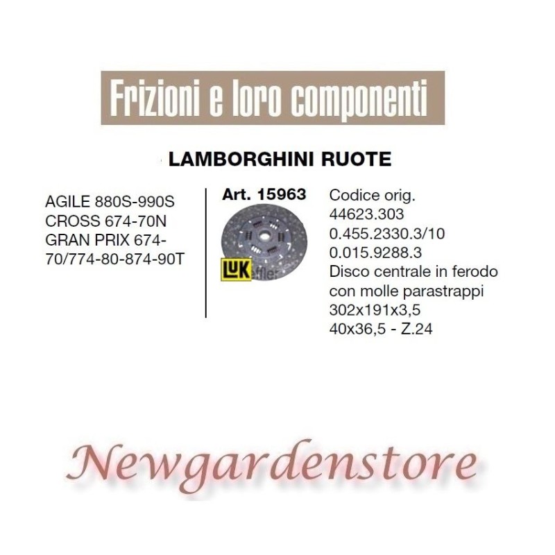 Disque d'embrayage 40x36,5 LAMBORGHINI 15963 Agile Cross Prix tracteur 302x191x3,5