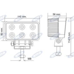 Work light 110x60mm 6 LED 10-30V 18W 1080LM wired 40-60cm agricultural machine | NewgardenAgri.com