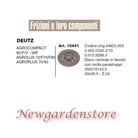 Disco ferodo frizione 15441 trattore DEUTZ Agrocompact Agrolux Agroplus 40x36,5 | NewgardenAgri.com