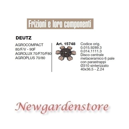 Disque d'embrayage 15748 DEUTZ Agrocompact 80 Agrolux Agroplus 41x36 tracteur | NewgardenAgri.com