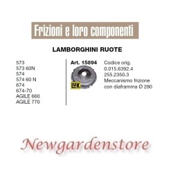 Mécanisme d'embrayage tracteur 15894 LAMBORGHINI 573 574 674 AGILE 660 770 280mm | NewgardenAgri.com