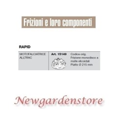 Frizione monodisco 15149 motofalciatrice alltrac compatibile RAPID piatto 215mm | NewgardenAgri.com