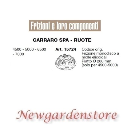 Embrague monoplato 15724 compatible tractor CARRARO 4500 5000 plano 280mm | NewgardenAgri.com