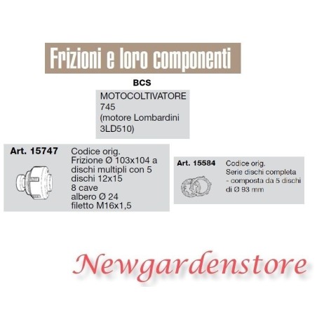 Frizione serie dischi completa motocoltivatore 745 BCS 15747 15584 3LD510