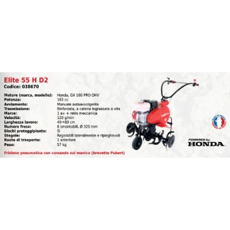 ELITE 55 H D2 SERIE PUBERT motocultor con motor HONDA GX 160 PRO OHV 163 cc | NewgardenAgri.com