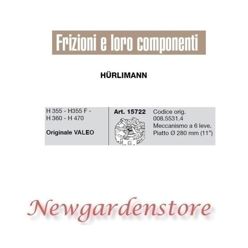 Meccanismo frizione 15722 trattore HURLIMANN H355 F 360 470 280mm 11" Valeo